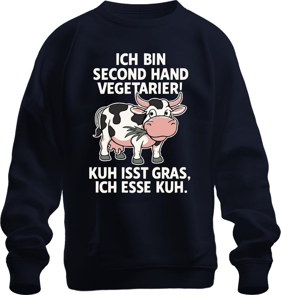 Secondhand Vegetarier Kuh isst Gras ich esse Kuh Bauernhof Lustig Uni Sweatshirt Pullover, Navy, XL