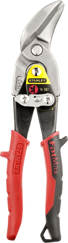 A pair of red and black handled tin snips, also known as aviation snips, is shown against a white background.