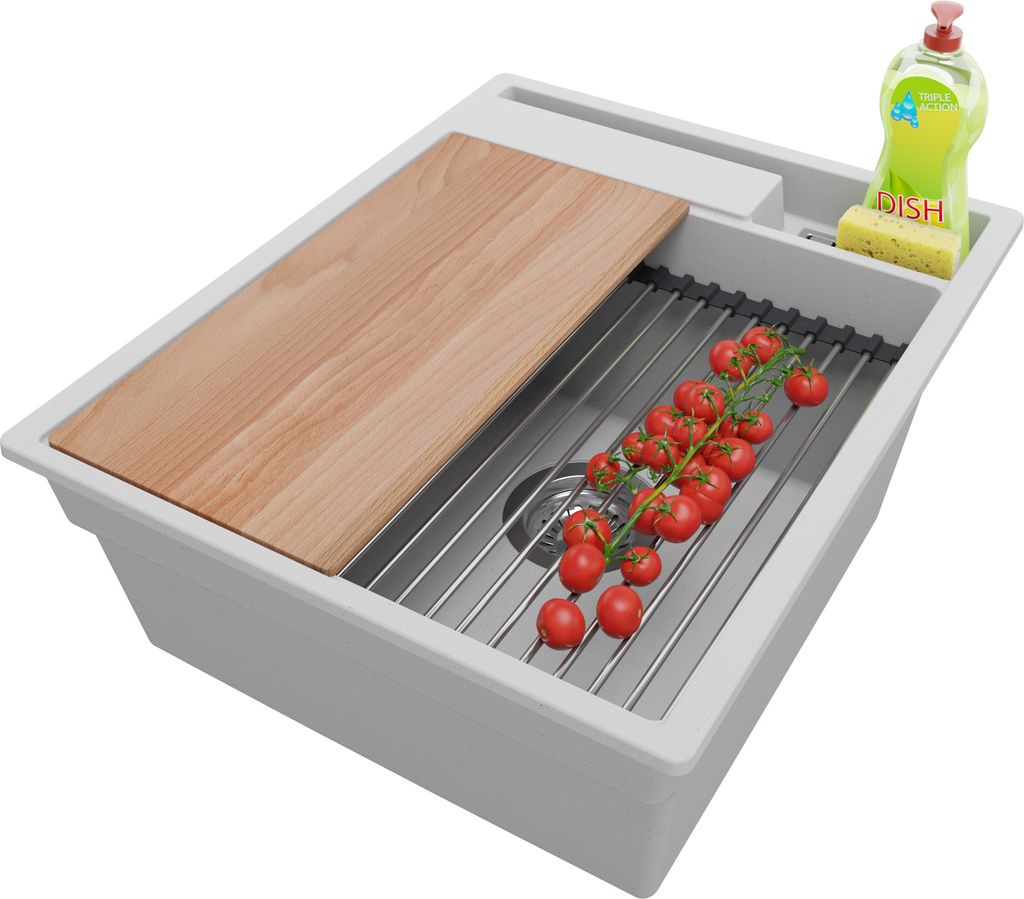 PRIMAGRAN Spülbecken Grau 43x53cm, Granitspüle 1 Becken + Ablauf-Set + Küchenzubehörset, Küchenspüle ab 45er Unterschrank - Oslo Pocket