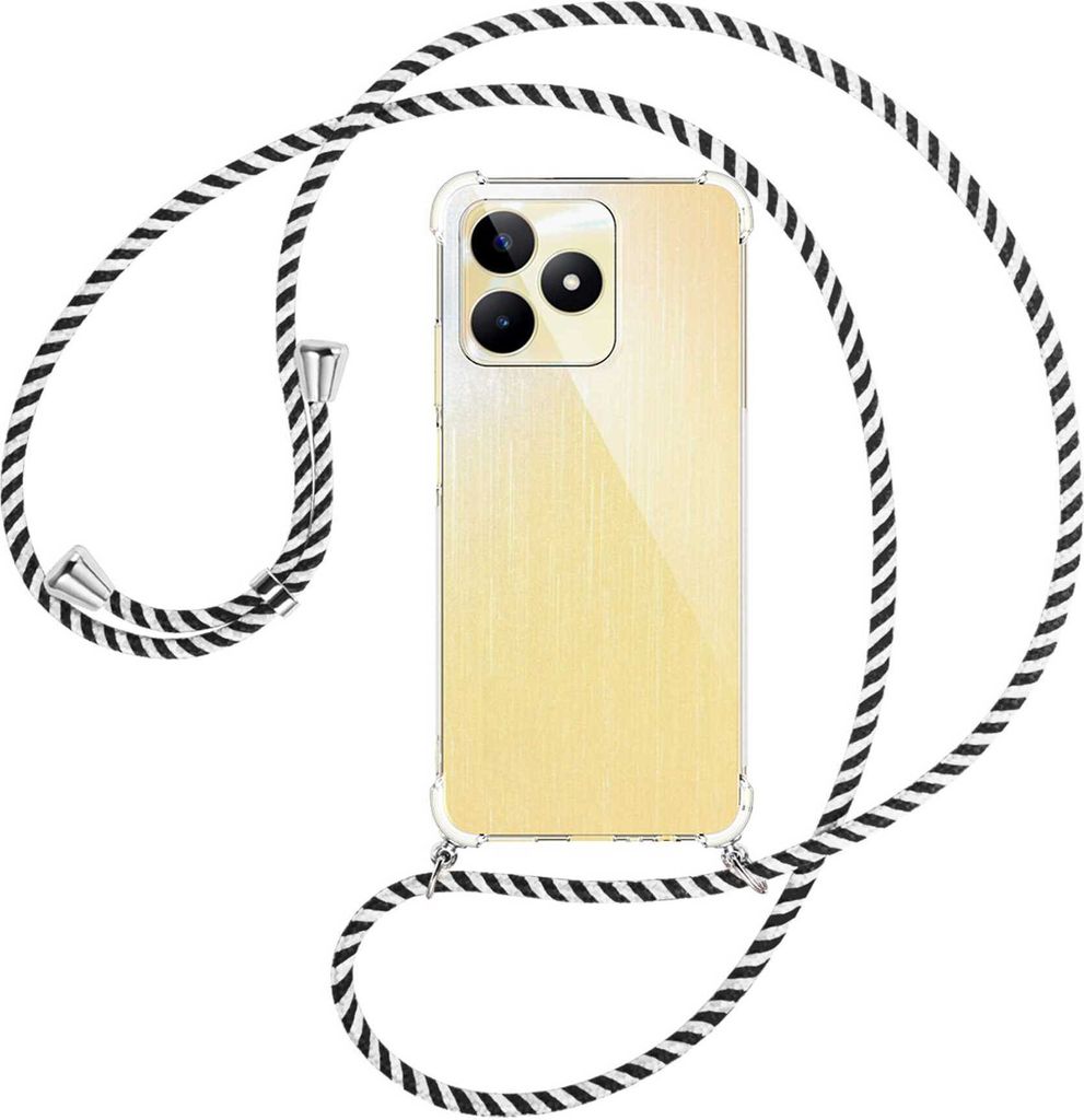 Handykette Backcover-Schutzhülle mit Band (Metall silberfarben) für Realme C53 (RMX3760, 6.74'') - schwarz/weiß gestreift