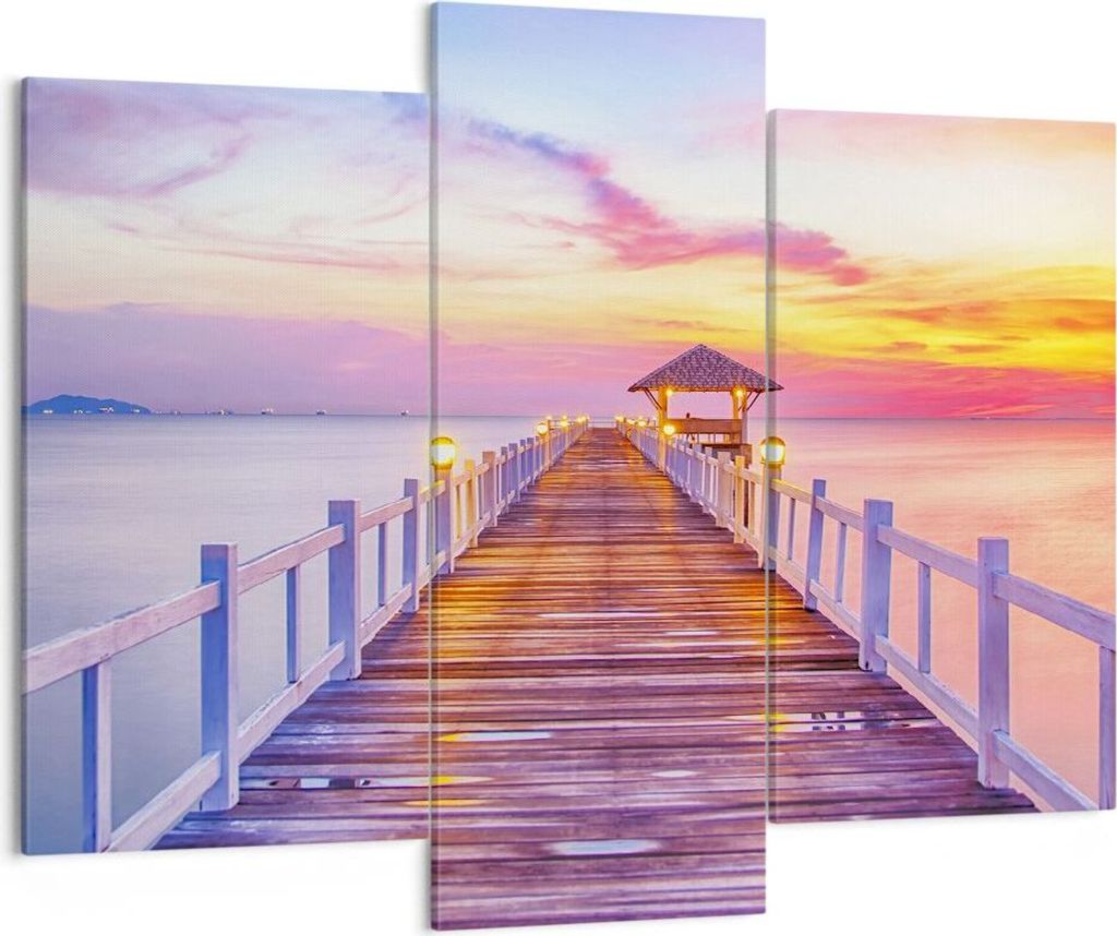 Bild auf Leinwand - Leinwandbild - Sonnenuntergang Wasser Brücke Horizont - 130x100cm - Wand Bild - Wanddeko - Leinwanddruck - Bilder - Kunstdruck...