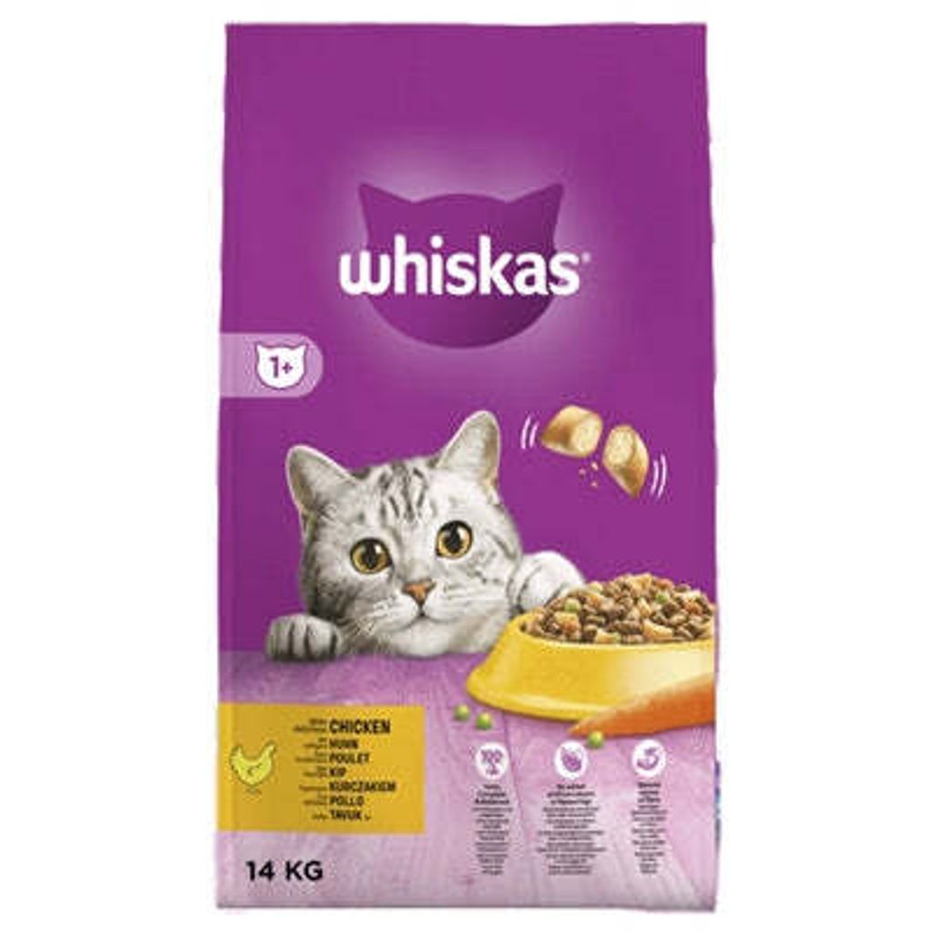 A bag of Whiskas cat food with a cat peeking over the edge.