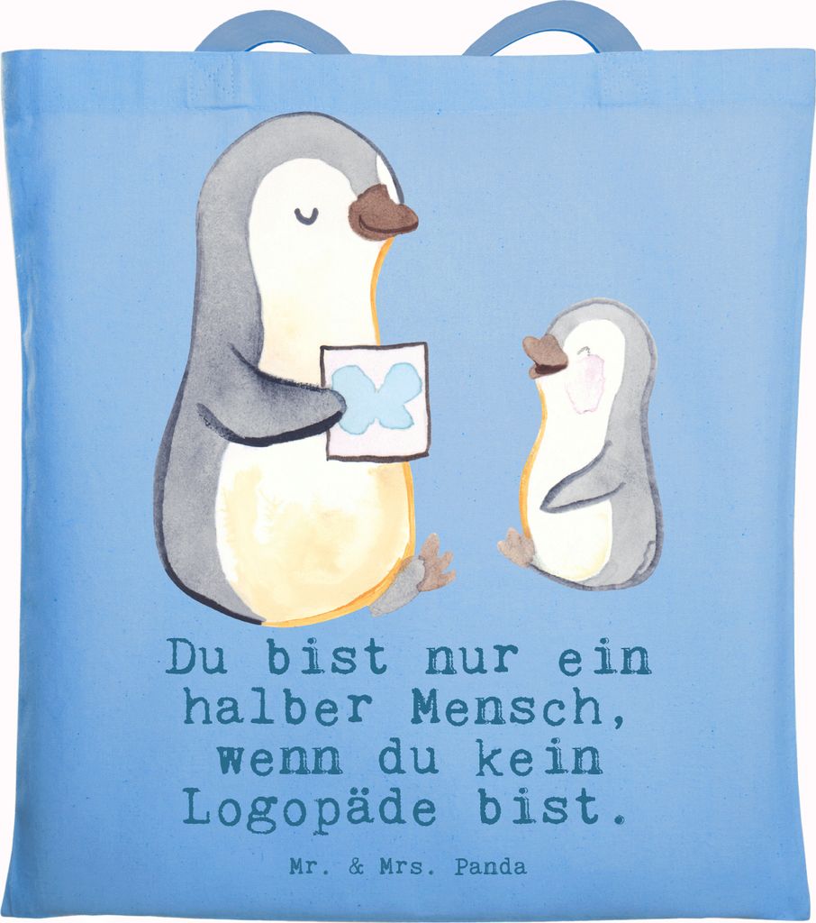 Mr. & Mrs. Panda Tote Bag Logopäde Herz - Sky Blue - Geschenk, Jutebeutel, Ausbildung, Schultasche, Shopping Tasche, Laptoptasche, Studium, dokume...