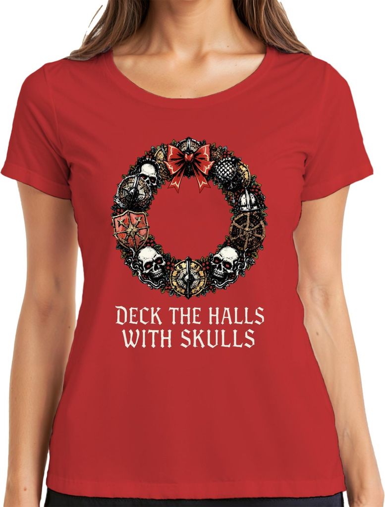 Deck The Halls With Skulls Totenkopf Weihnachtskranz düster Damen T-Shirt, Rot, 3XL