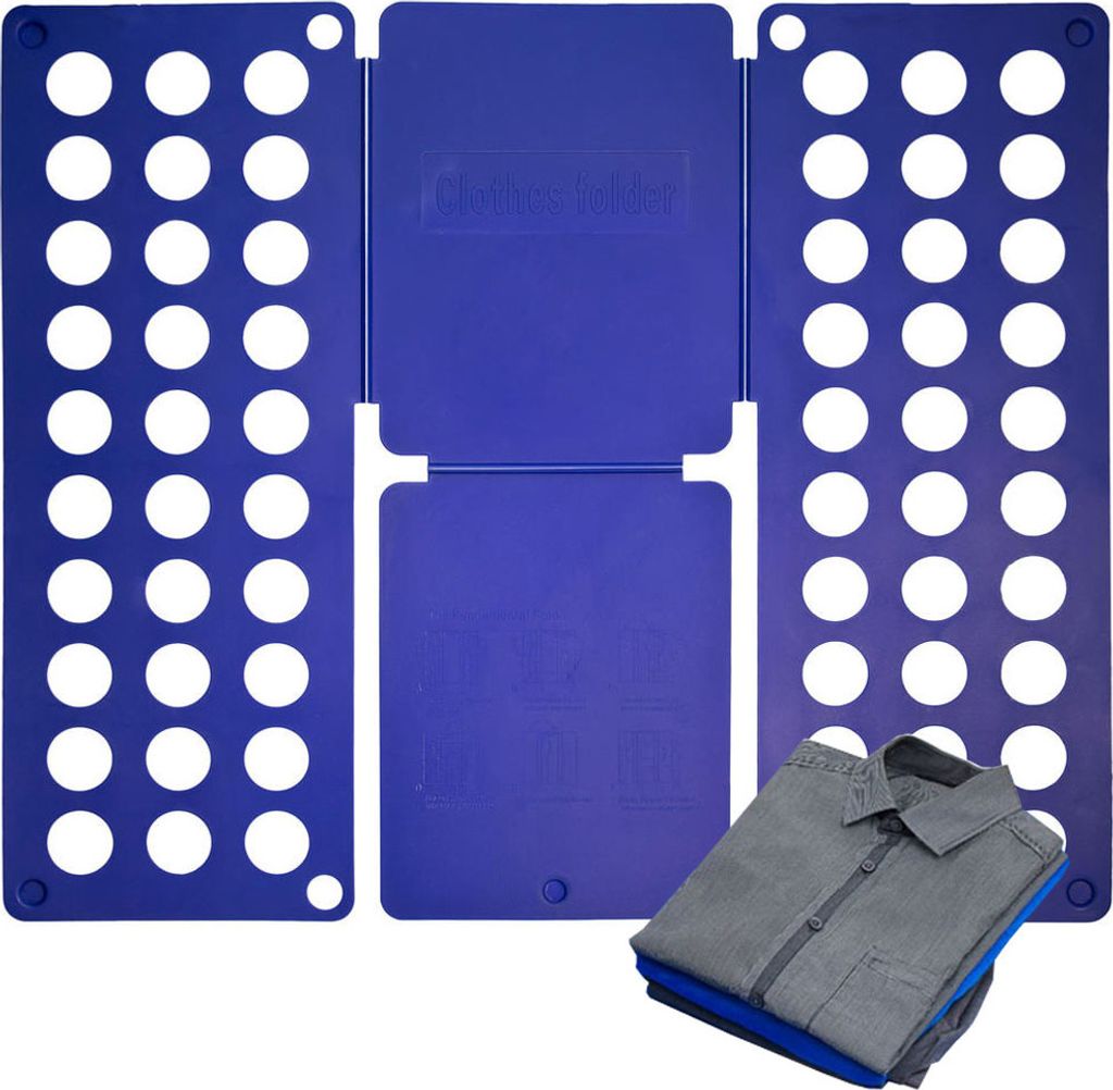 A blue folding board for clothes is shown, with a gray shirt folded on top of it.