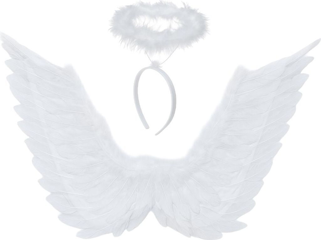 A white angel costume set including wings and a halo, displayed against a white background.