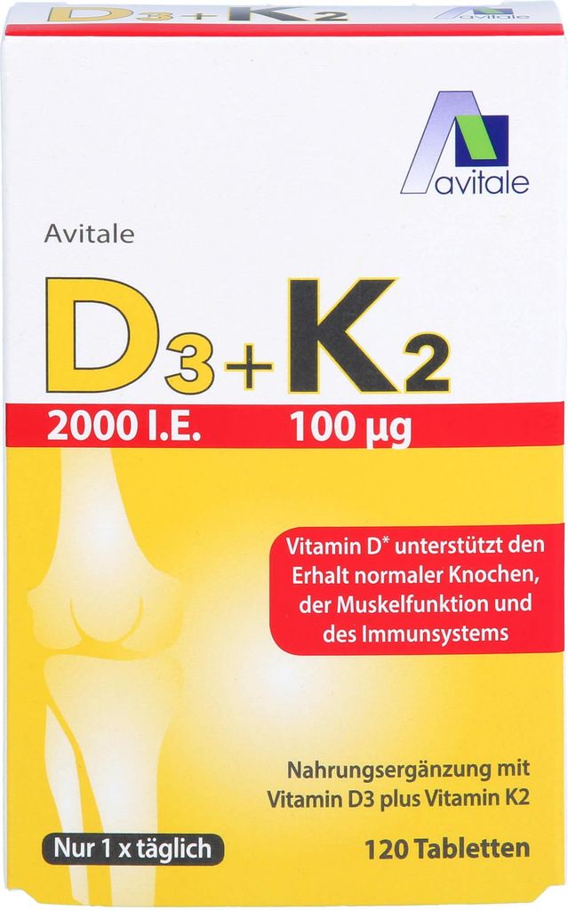Avitale 2000 I.E. Vitamin D3 + K2 Tabletten unterstützt den Erhalt normaler Knochen, 120 St. Tabletten