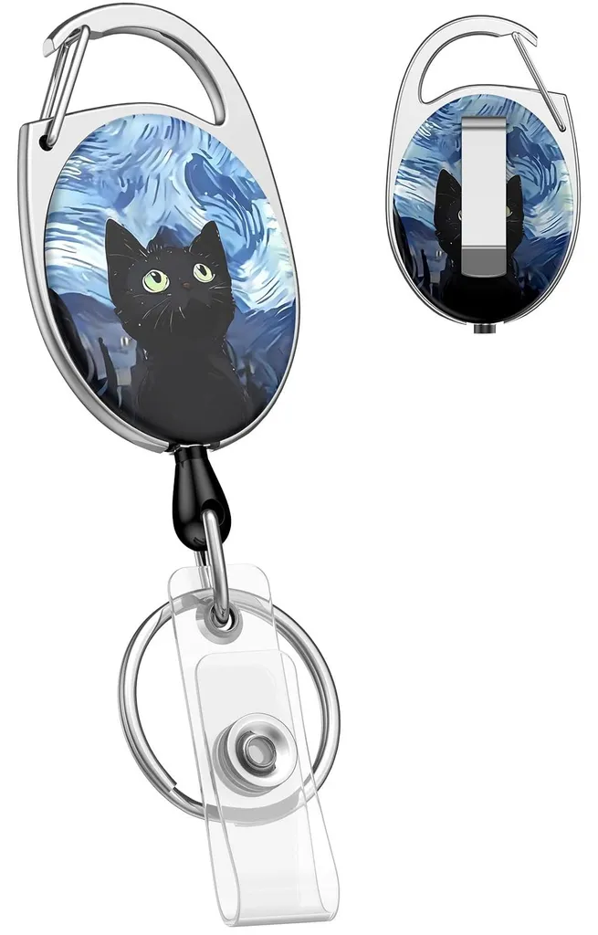 Porte-clés rétractable chat et ciel étoilé avec cordon ultra-résistant