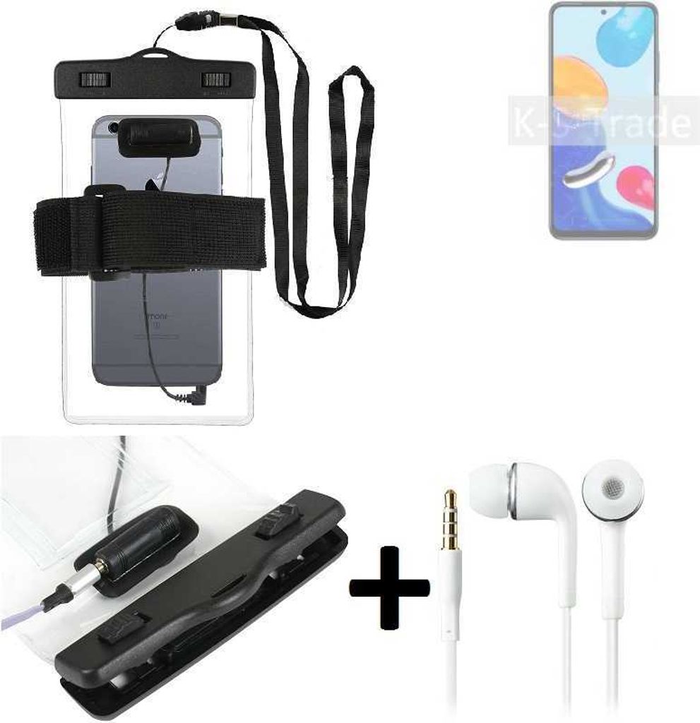 K-S-Trade Wasserdichte Hülle + Kopfhörer kompatibel mit Xiaomi Redmi Note 11 Global transparent Jogging Armband Wasserfeste Handy Hülle beach bag