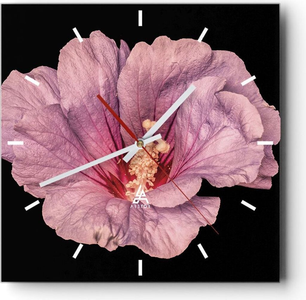 Wanduhr - Quadrat - Glasuhr - Hibiskus Blume Rosa - 40x40cm - Schleichendes Uhrwerk - Lautlos - zum Aufhängen bereit - Dekoration Modern - Wanddek...