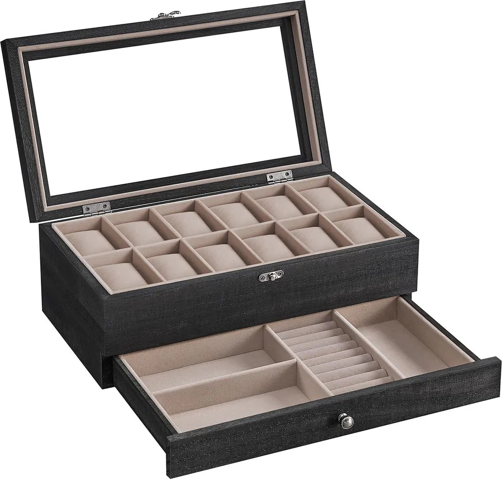 Boîte à Montre 12 Emplacements Bois Massif avec Vitrine - Idée Cadeau