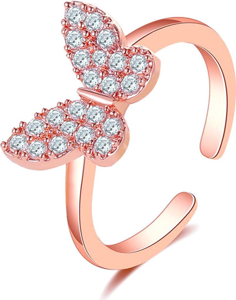 Stilvoller Damen-Ring in Schmetterlingsform, Öffnungsdesign, Strass, verstellbarer Ringschmuck-Roségold