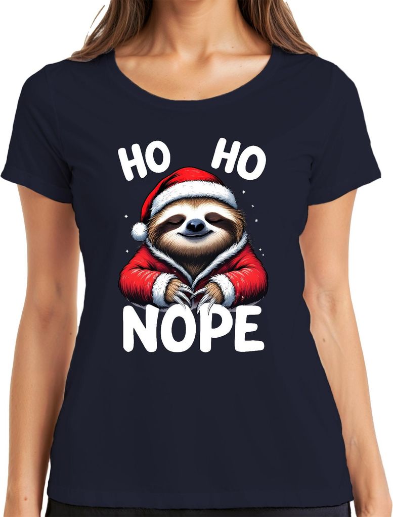 HO HO NOPE Weihnachts Faultier lustig Santa Mütze Geschenk Winter Damen T-Shirt, Navy, M