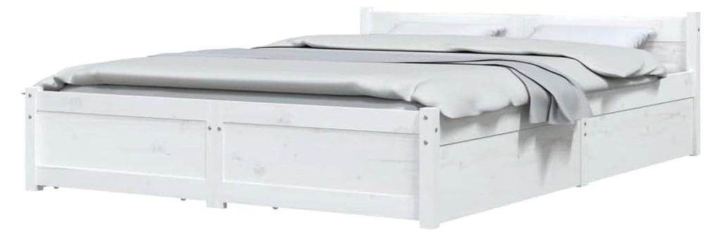 Bett mit Schubladen aus massivem Holz, Bettrahmen für Doppelbett, Schlafzimmermöbel in Weiß, 160x200cm