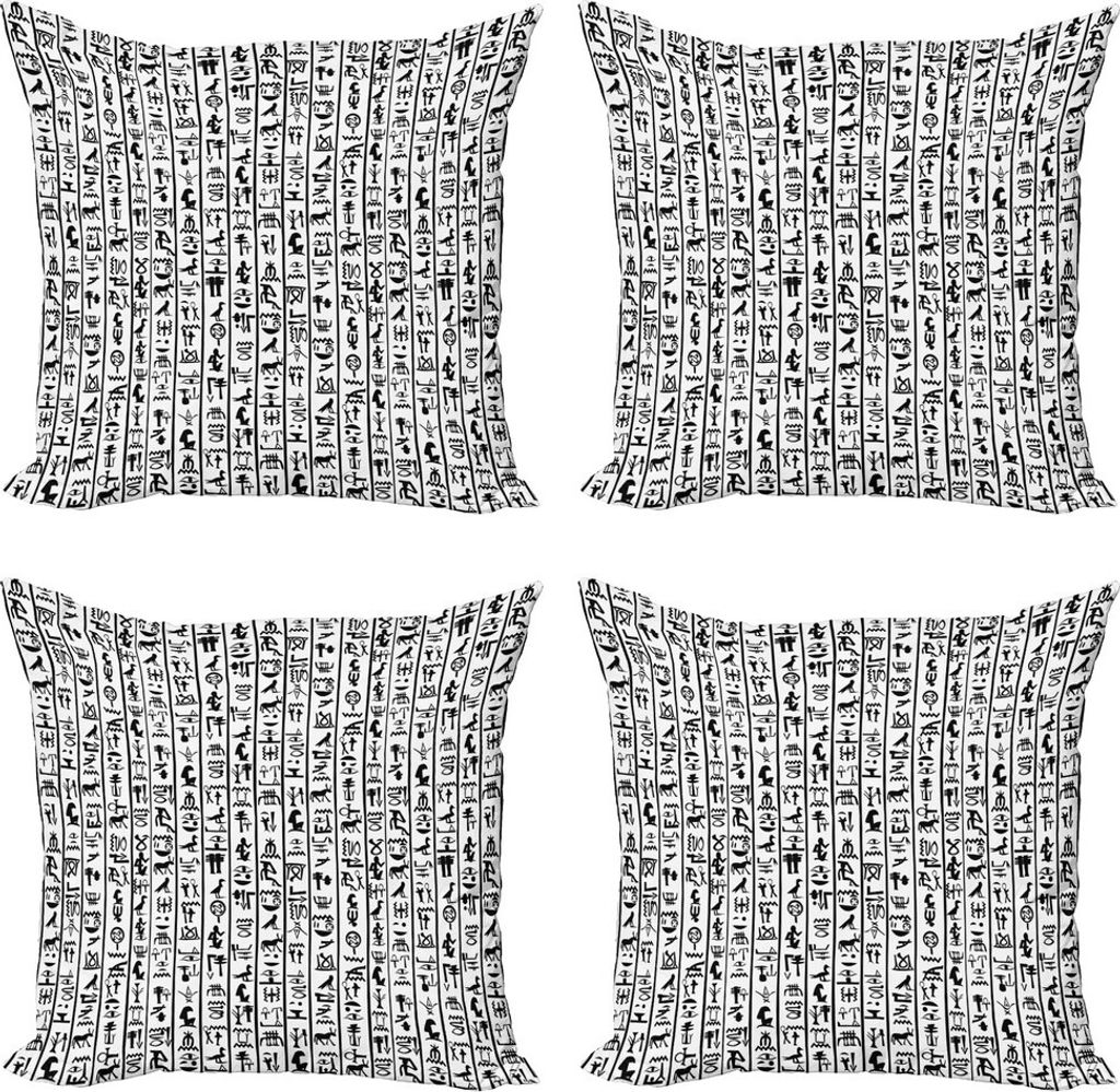 ABAKUHAUS ägyptisch Kissenbezug Set (4 Stück), Hieroglyphics Sprache, Moderner Doppelseitiger Digitaldruck, 60 cm x 60 cm, Schwarz-Weiss