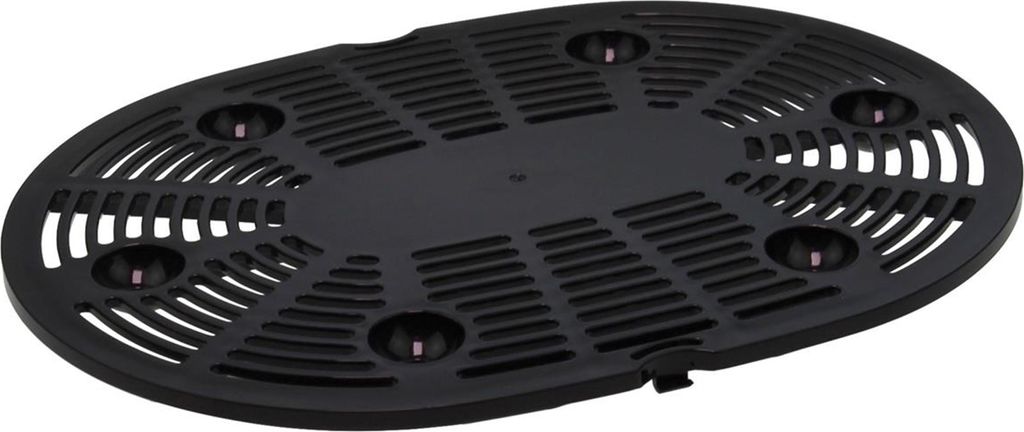 A black plastic grate with circular indentations and a slatted surface, viewed from a slightly elevated angle.