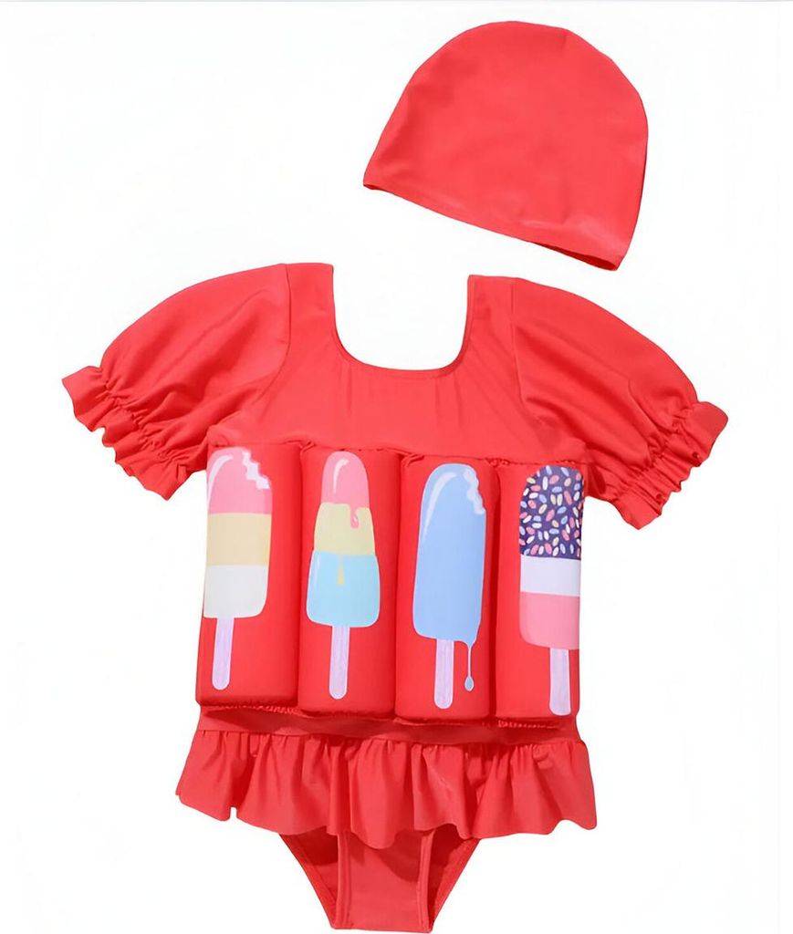 Kinder-Badehose mit Schwimmflügeln, rot, Größe 100 – Eiscreme