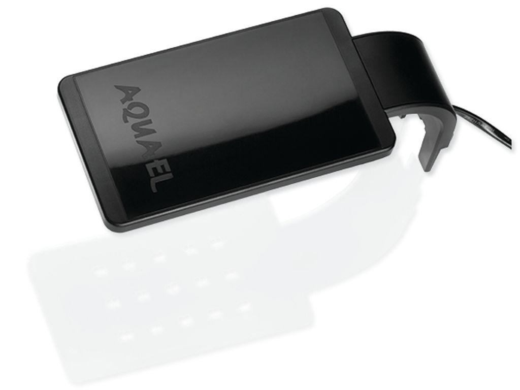 A black LED aquarium light with the brand name 'AQUAEL' embossed on it, casting a shadow.