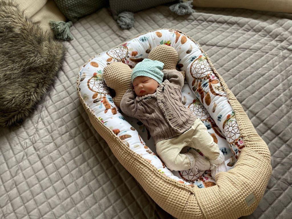 Waffelpique TAUPE Braun/ Trumfänger BOHO. Babynestchen Unterlage 2 Tlg SET Babynest Wicleklunterlage Reisebett Babydecke Babyausstattung 2 Seitig