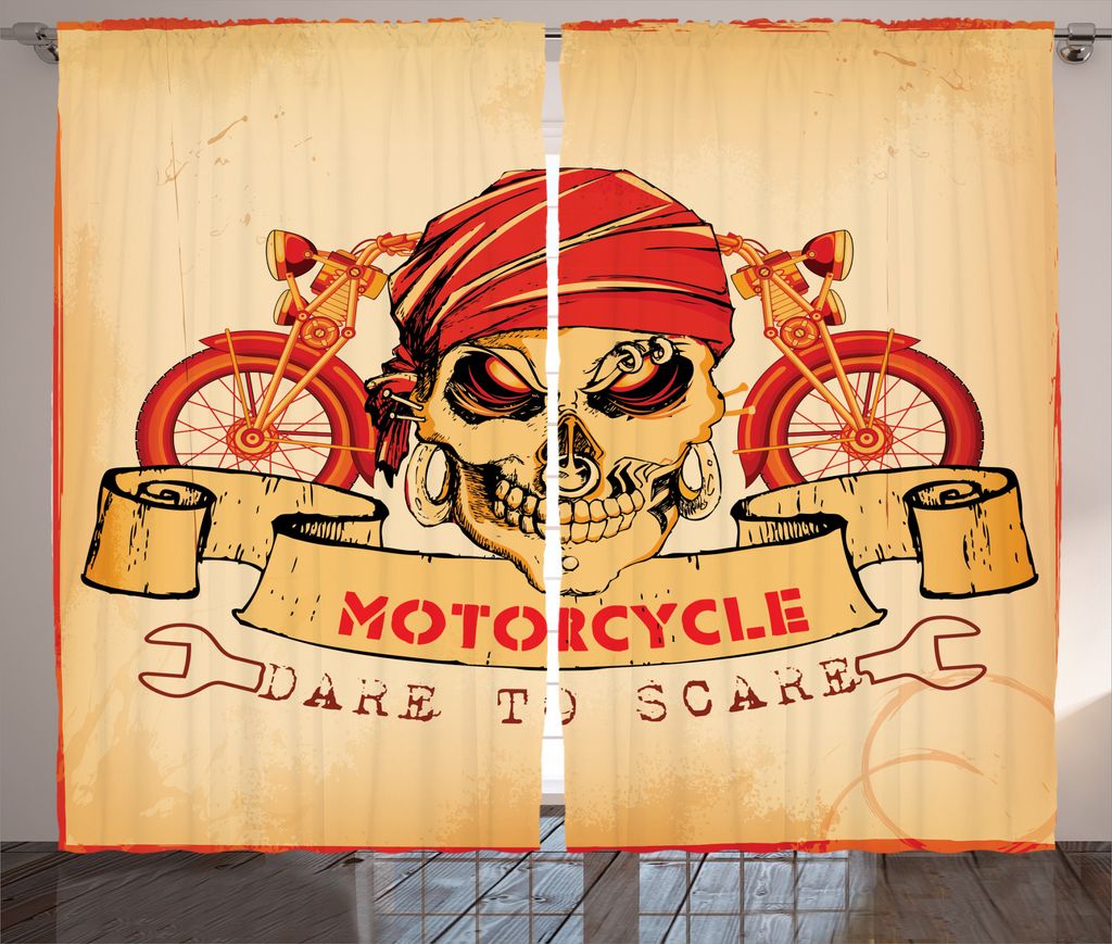 ABAKUHAUS Schädel Rustikaler Gardine, Spooky Rennläufer-Motorrad, Schlafzimmer Kräuselband Vorhang mit Schlaufen und Haken, 280 x 175 cm, Orange...