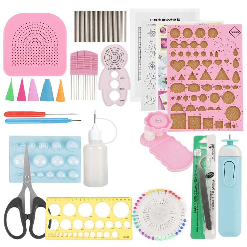 A collection of quilling tools and accessories laid out on a white background.