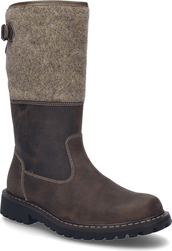 A single brown leather and felt boot is shown against a white background.