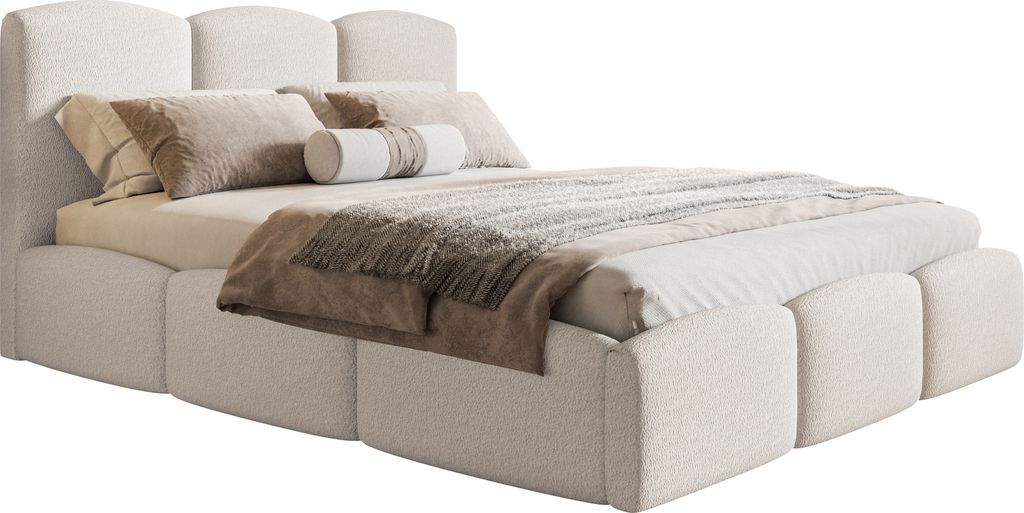 Polsterbett 140x200 Roma Slim - dickem Schaumstoff Bettkasten, Metall Lattenrost & Kopfteil - Boucle stoff (Creme - Anthology 1)