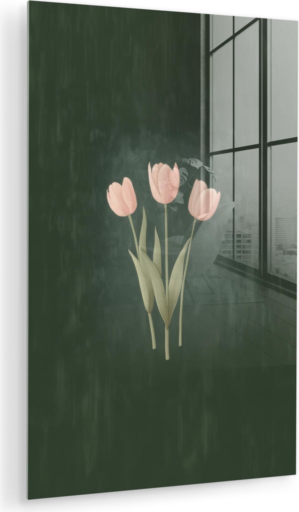 MuchoWow Glasbilder - Bilder auf Wandbild - Foto auf Glas Tulpen - Liebe - Dunkelgrün 40x60 cm Wanddekoration aus Glas - Acrylglasbild - Acrylbild...