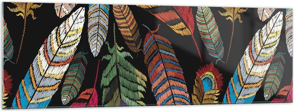 Bilder auf glas - Einteilig - Federn Bunt Stickerei - 160x50cm - Glasbilder - Wandbilder - Bilder - zum Aufhängen bereit - Wanddekoration aus Glas...
