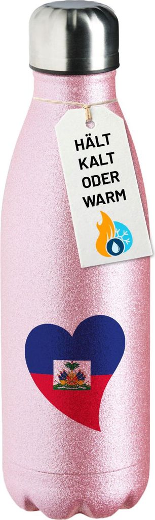 Huuraa Trinkflasche Haiti Flagge Herz 500ml Pink Edelstahl Wasserflasche Trinkflasche Geschenkidee