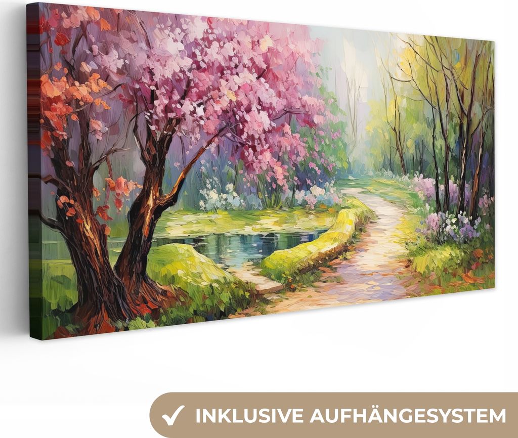 MuchoWow - Leinwandbilder - Aquarell - Natur - Bäume - Kunst - Blumen, Wandbild, Wanddeko Bilder Wohnzimmer, 40x20 cm