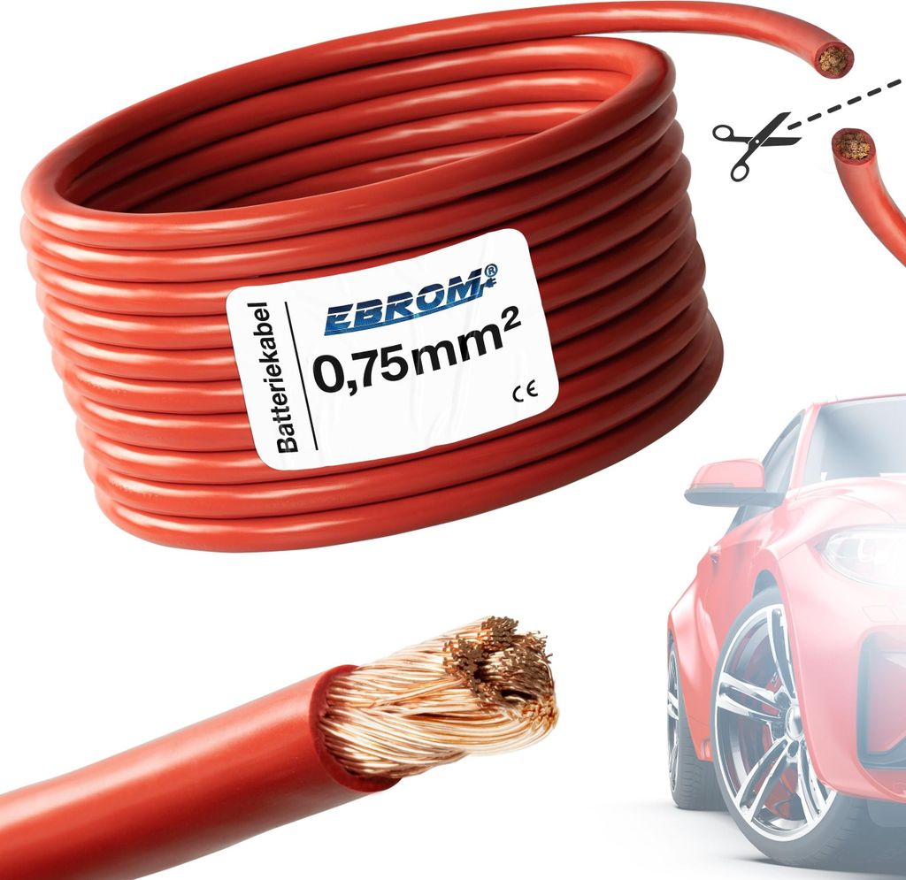 15 Meter EBROM FLRY 0,75mm2 Fahrzeugleitung - KFZ Leitung - Farbe: rot - Querschnitt 0,75 mm² (mm2) flexibel 90 ± 5 Shore 99,99% Kupfer Mantel PV...