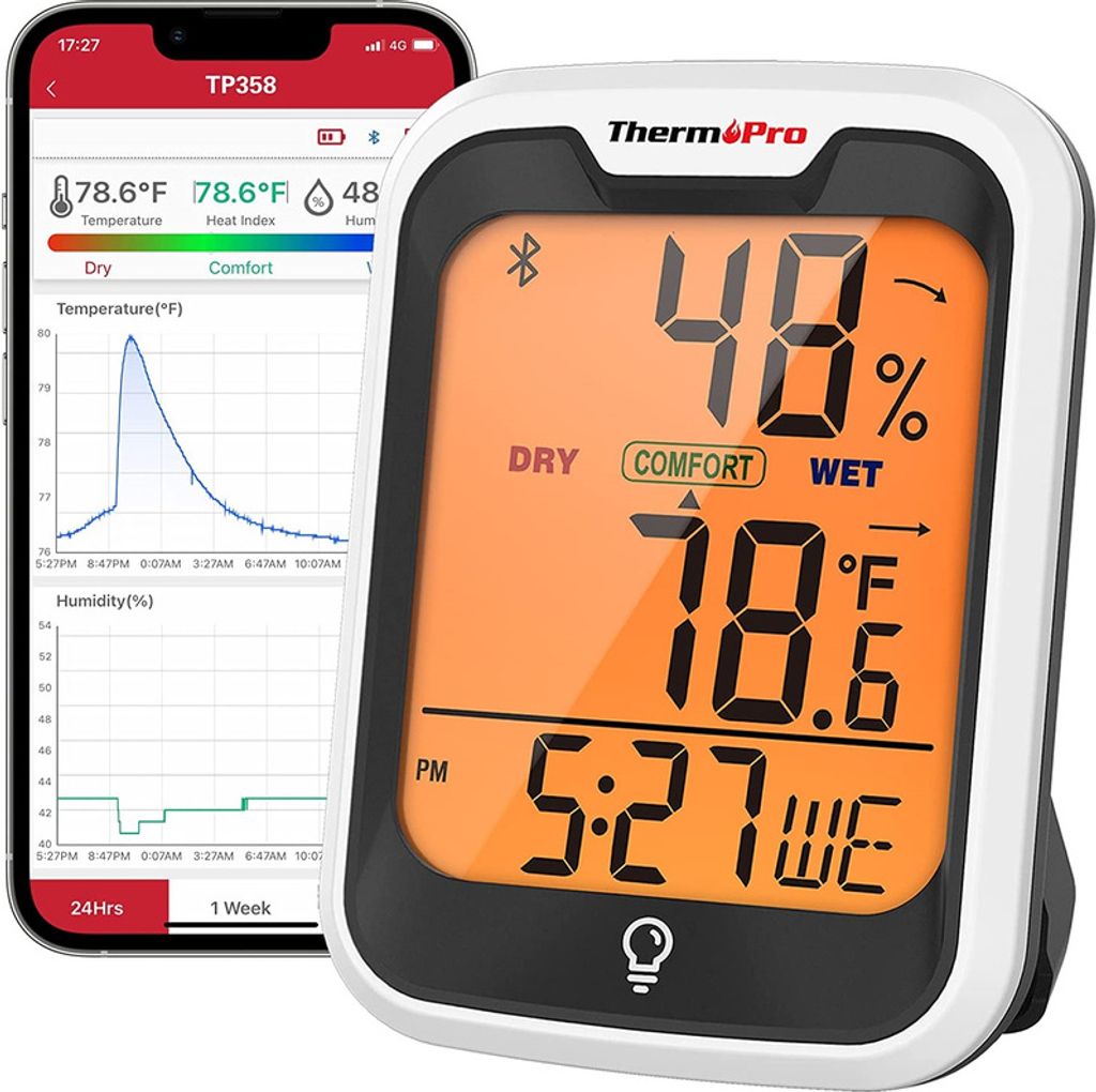 ThermoPro TP-358 Heimthermometer mit Temperatur und Luftfeuchtigkeit, 3"LCD, Statistik