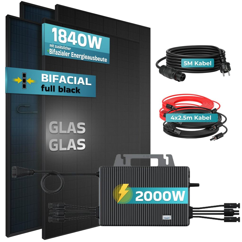 SUNNIVA® 1840W Balkonkraftwerk BIFAZIAL FULLBLACK komplett Produktbild 