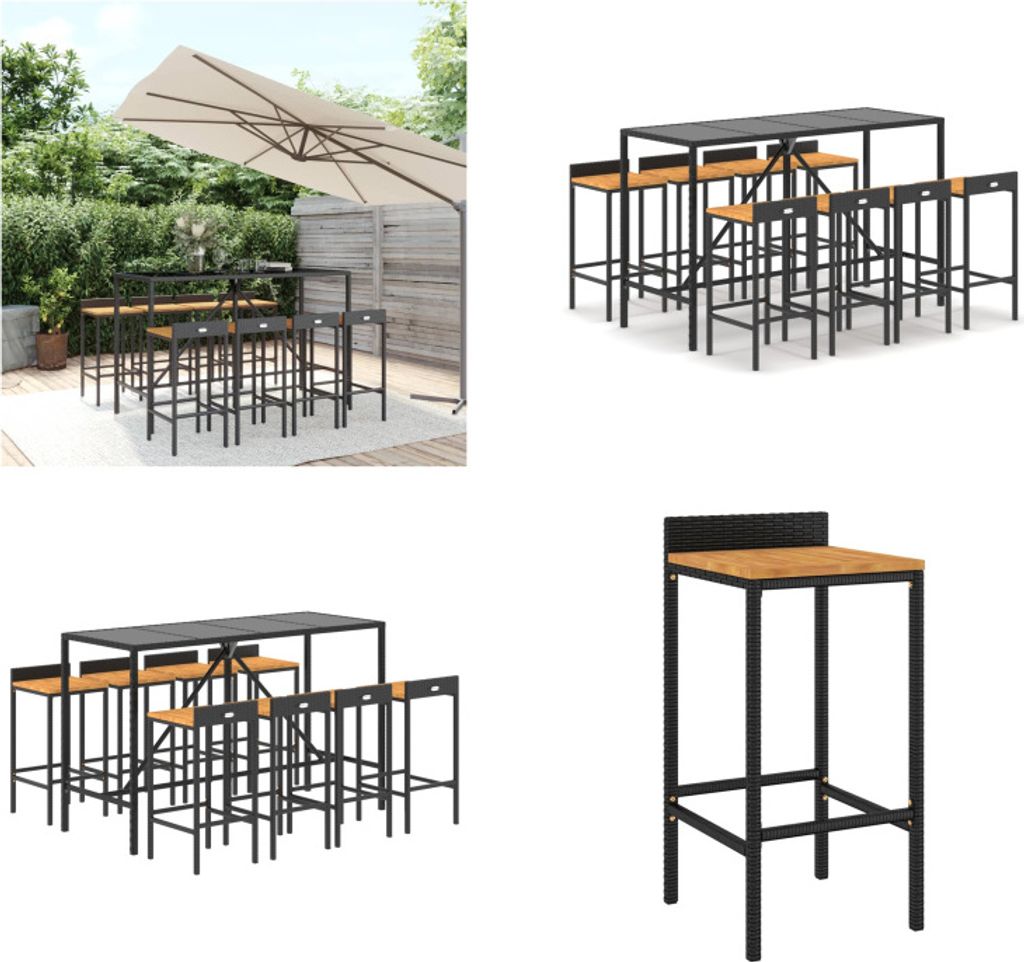 vidaXL 9 tlg. Gartenbar Set Schwarz Poly Rattan & Massivholz Akazie - Gartenbar Set - Gartenbar Sets - Garten Bar Set - Gartenbar