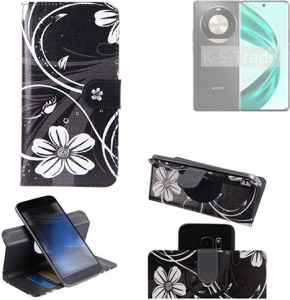 K-S-Trade Schutzhülle Handyhülle kompatibel mit Honor X50 Pro Hülle 360° Wallet Case “Flowers“ Klapphülle Hülle schwarz-weiß 1x