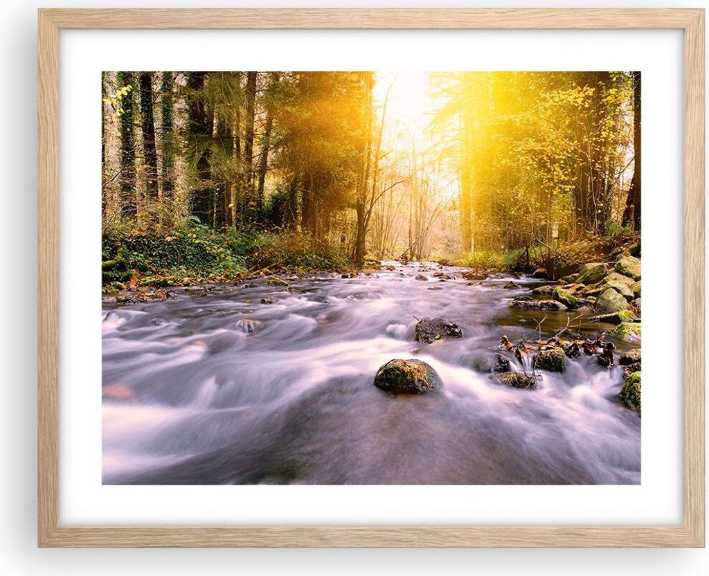 Gerahmtes Poster - Rahmen in heller Eiche - Herbst Wald Berg Fluss - 50x40 cm - Wand Bild - Wanddeko - Wandbilder - Wandposter - Bilderrahmen - Bil...