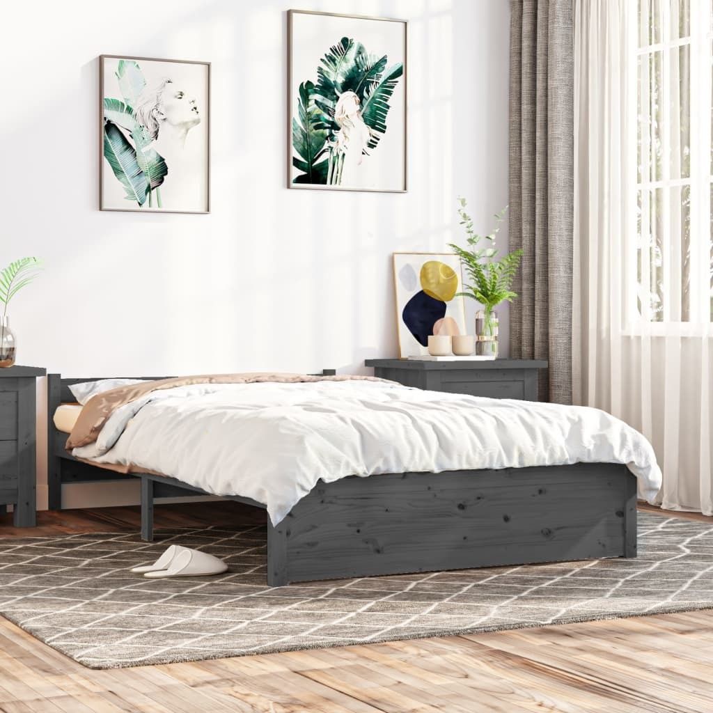 The Living Store Massivholzbett Grau 135x190 cm