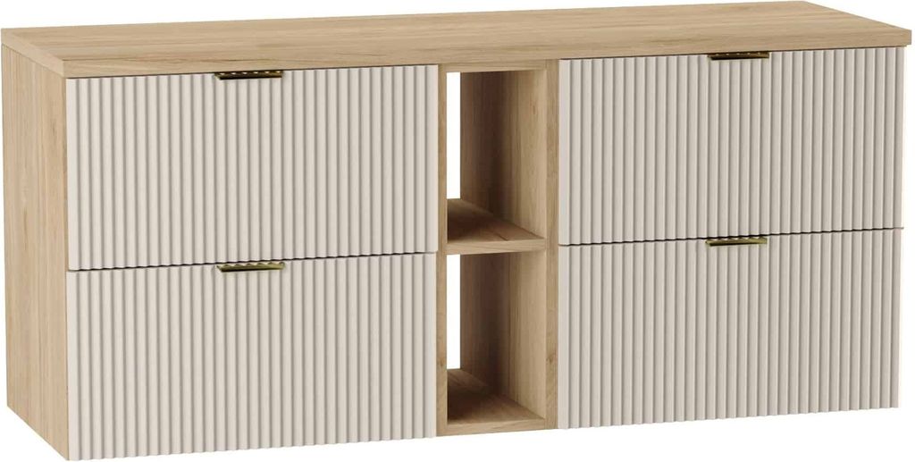 A front view of a wall-mounted vanity cabinet with fluted doors and gold handles.