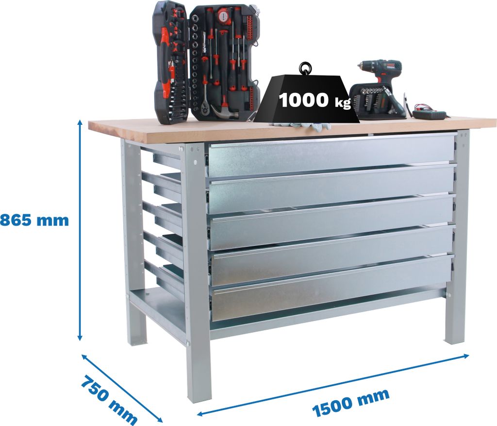 SIMONWORK BT6L PRO LAMINATE 5BOX 1500 CINZA/FAIA Werkbank mit Parafuser