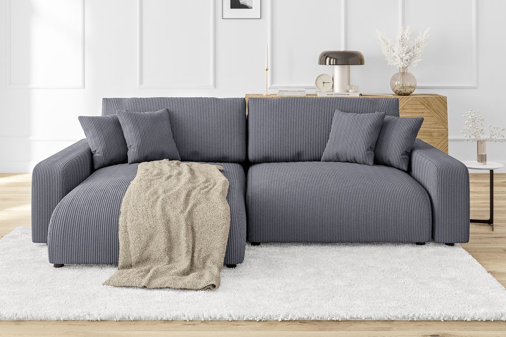 S-STYLE MÖBEL - Emma Ecksofa mit Schlaffunktion und Bettkasten in Cord-Stoff schöner Sitzkomfort, Ottomane links, B/T/H: 234 cm / 170 cm / 78 cm