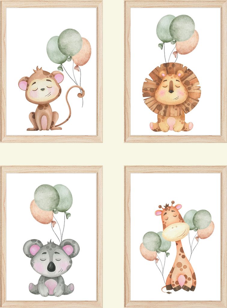 Tiere Luftballon Bilder 4er Set DIN A4 Kinderzimmer Poster Babyzimmer Wandbilder Dekoration - Affe Löwe Koala Giraffe
