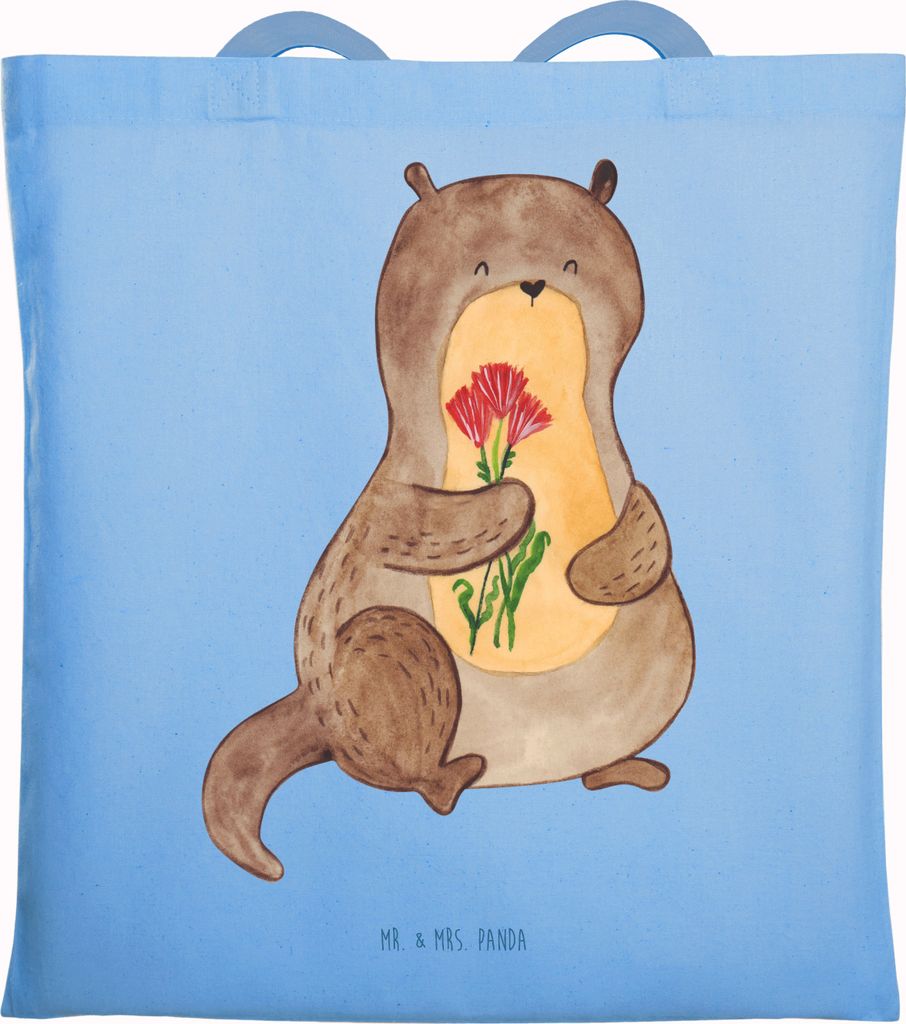 Mr. & Mrs. Panda Einkaufstasche Otter Blumenstrauß - Sky Blue - Geschenk, Schultasche, canvas tasche, Niedlich, Seeotter, Jutebeutel, Süß, See, Uni