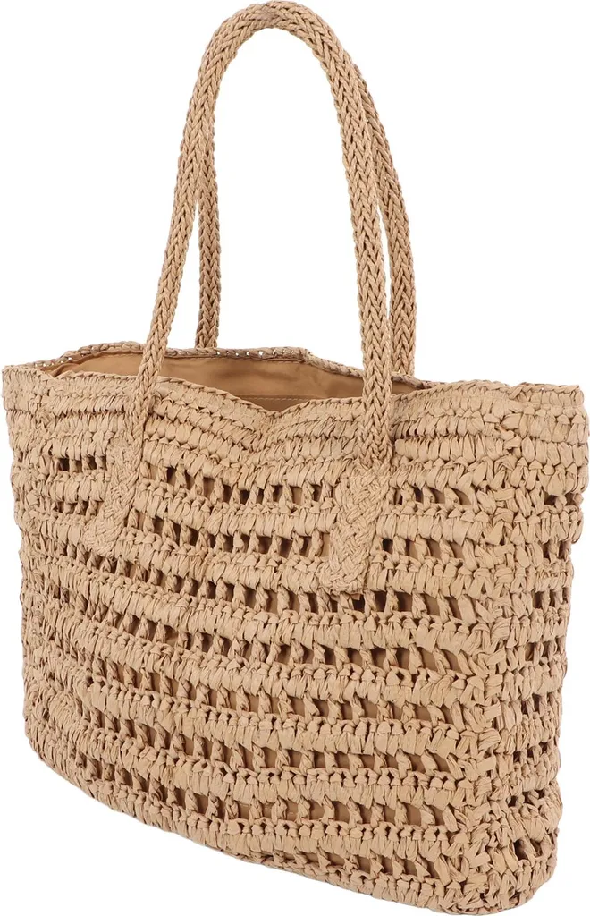 Grand sac bandoulière vintage en paille marron café et poche intérieure