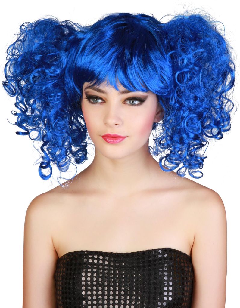 A woman wearing a black sequined strapless top and a bright blue curly wig with pigtails.