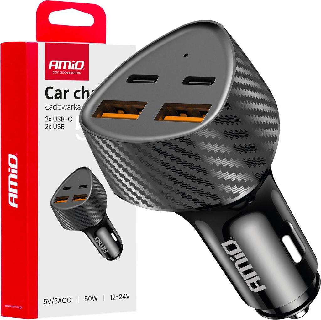 Autoladegerät 50W mit 2x USB-A & 2x USB-C für schnelles Laden - AMIO-04284