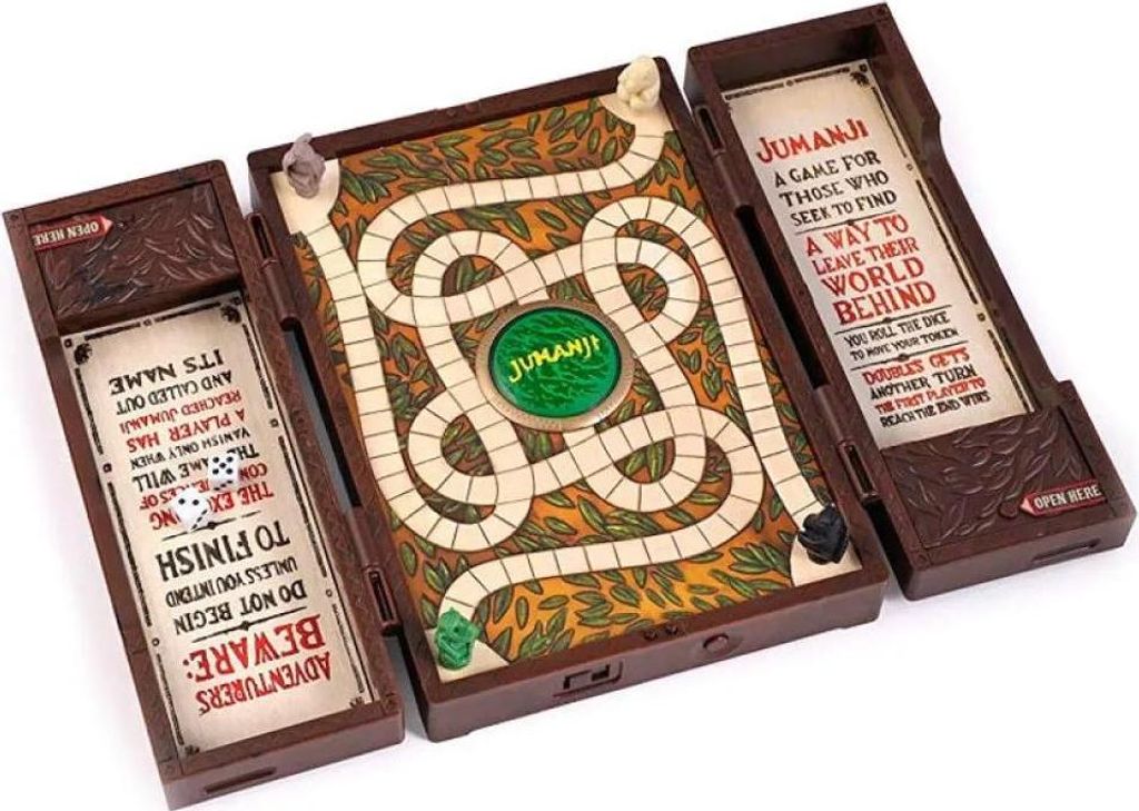 An open Jumanji board game with its game board and side panels visible.