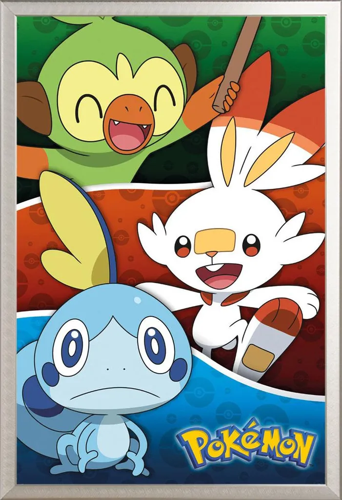 Pokemon - Pokémon - Poster - Galar Starters + cornice rimovibile, Shinsuke® Maxi alluminio argento, vetro acrilico