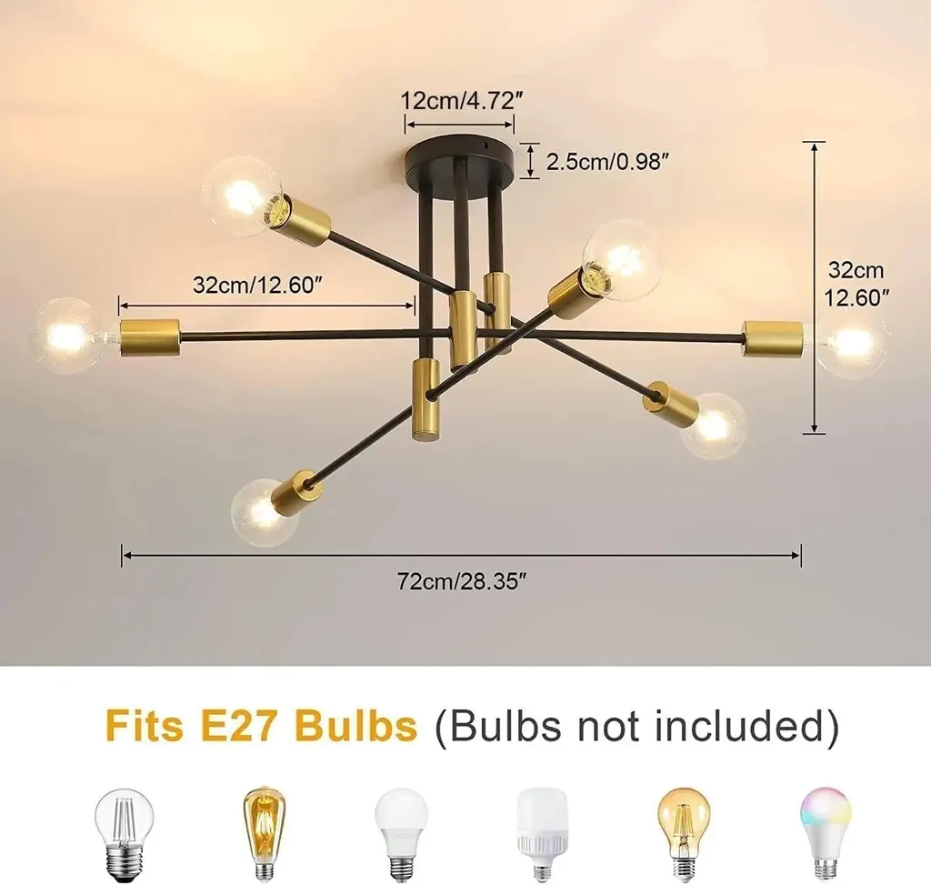 Lustre 6 Branches Orientables en Fer Noir E27 - Éclairage à 180° Modulable - 9