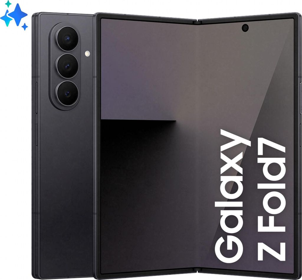 A black Samsung Galaxy Z Fold7 smartphone is shown unfolded, displaying its screen and camera array.